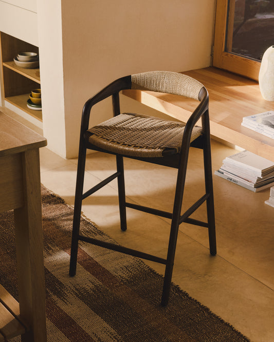Derile stool in solid oak wood with walnut finish and beige paper rope cord FSC 100% 65 cm