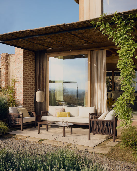 Aleria set with 3-seater sofa, 2 armchairs and coffee table in brown aluminium and synthetic rope cord