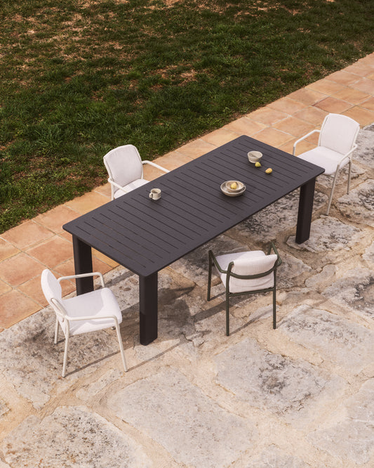 Livorno extendable table set in graphite aluminium with 6 Alimia chairs in graphite aluminium and grey synthetic rope cord 233 (350) x 100cm