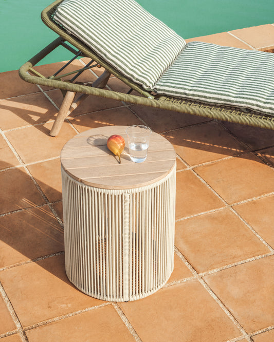 Dandara side table in steel, ecru rope cord and solid acacia wood Ø40cm FSC 100%