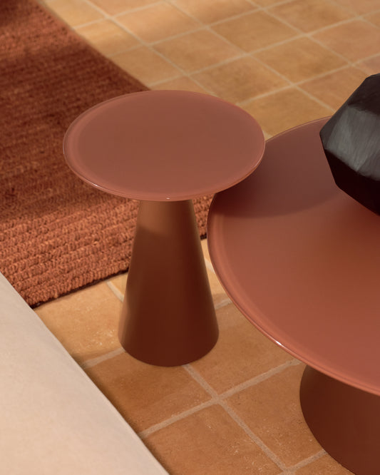 Wilshire  side table with frosted tempered glass and matt terracotta painted steel finish Ø30cm