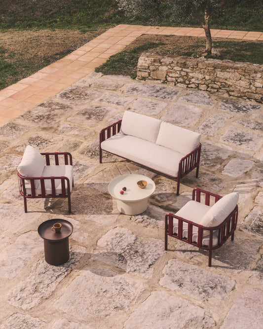 Omala set consisting of 2-seater sofa and 2 armchairs in burgundy rope cord and aluminium