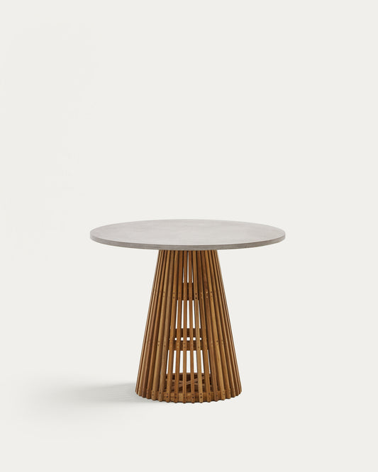 Alcaufar round outdoor table made of solid teak wood and grey cement Ø 90 cm