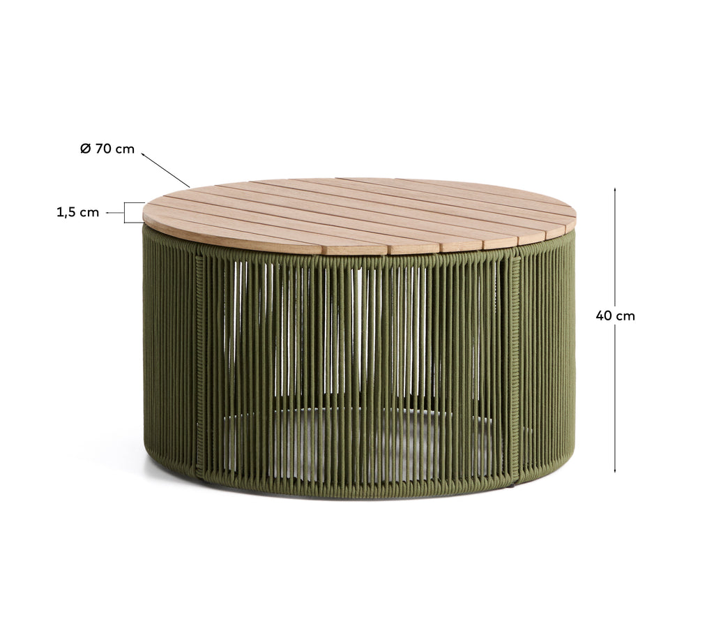 Dandara coffee table in steel, green rope cord and solid acacia wood Ø70cm FSC 100%