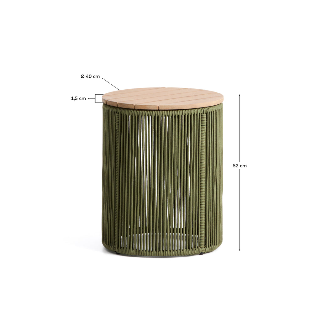 Dandara side table in steel, green rope cord and solid acacia wood Ø40cm FSC 100%