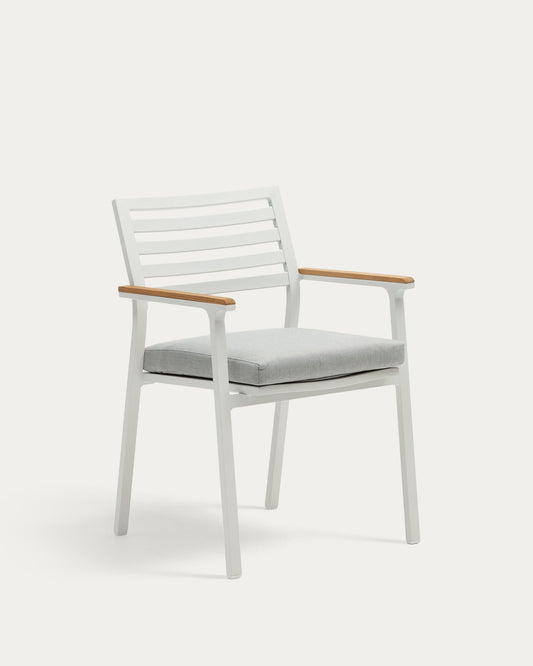 Bona stackable outdoor chair in aluminium with white finish and solid teak wood armrests