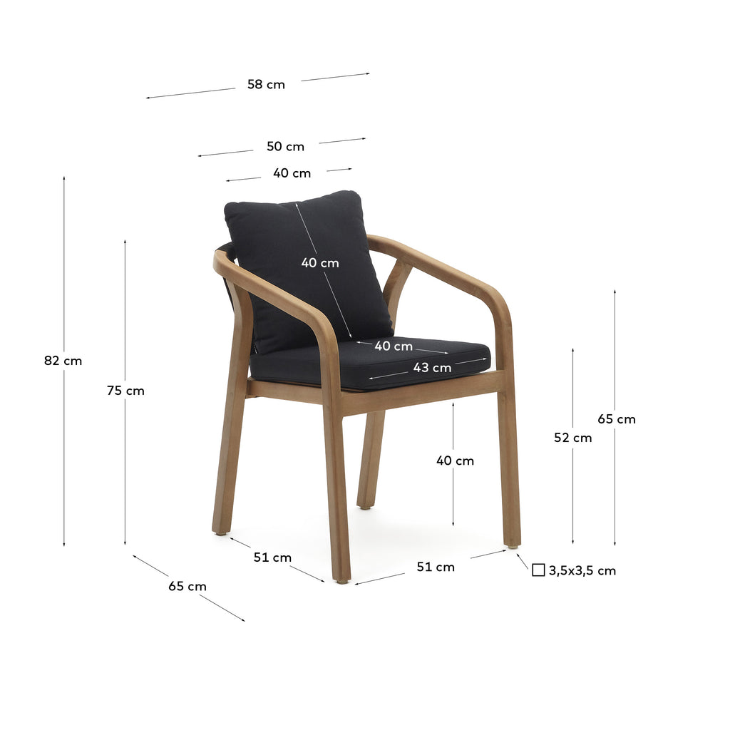 Malaret stackable chair in solid eucalyptus and black cord, FSC