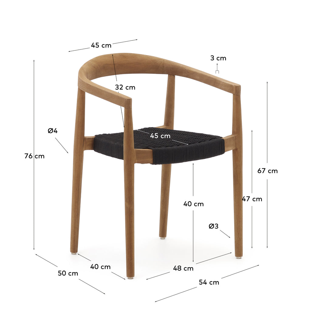 Ydalia stackable outdoor chair in solid teak wood with natural finish and black rope