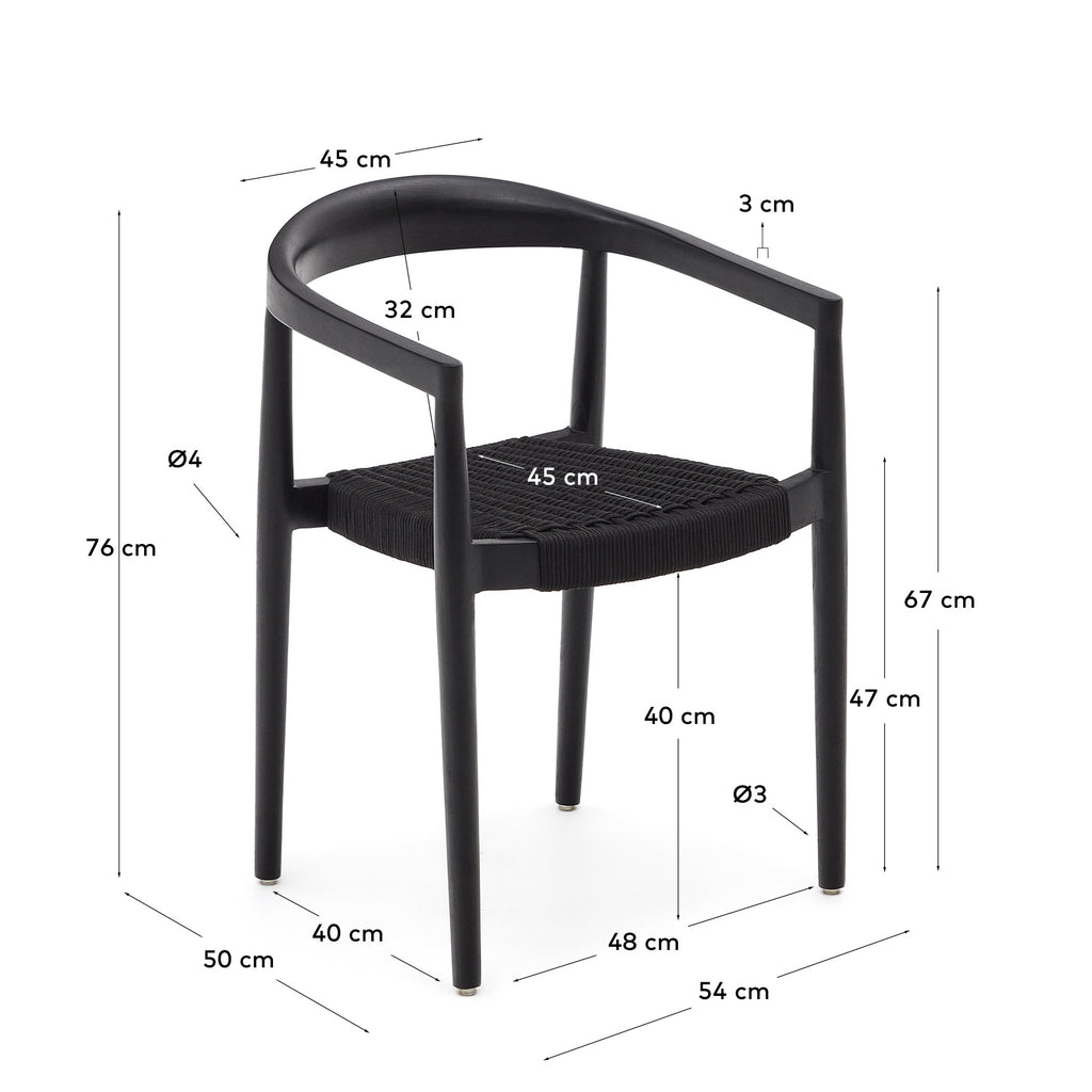 Ydalia stackable outdoor chair in solid teak wood with black finish and black rope