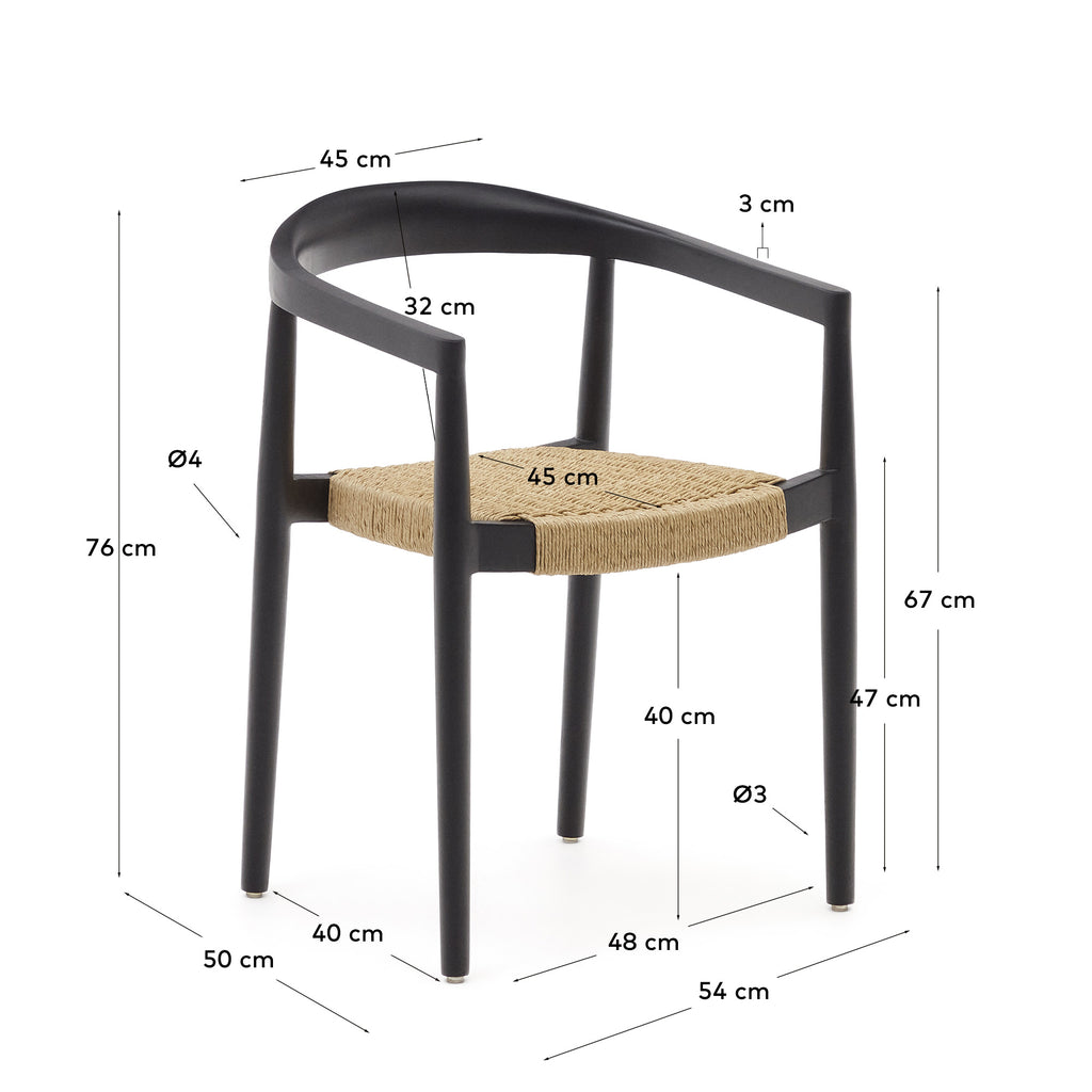 Ydalia stackable outdoor chair in solid teak wood with black finish and synthetic rattan rope