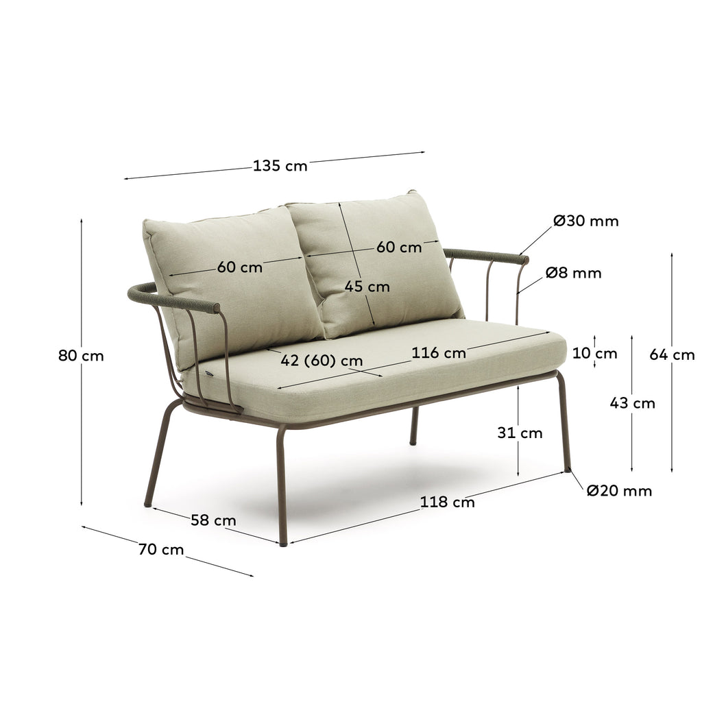 Salguer sofa in green cord and steel with a brown painted finish, 134 cm