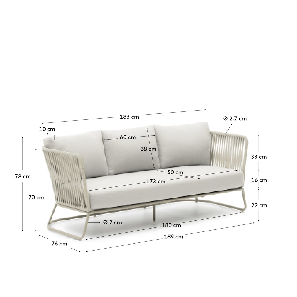 Saconca outdoor 3-seater sofa in rope cord and grey galvanised steel 189 cm