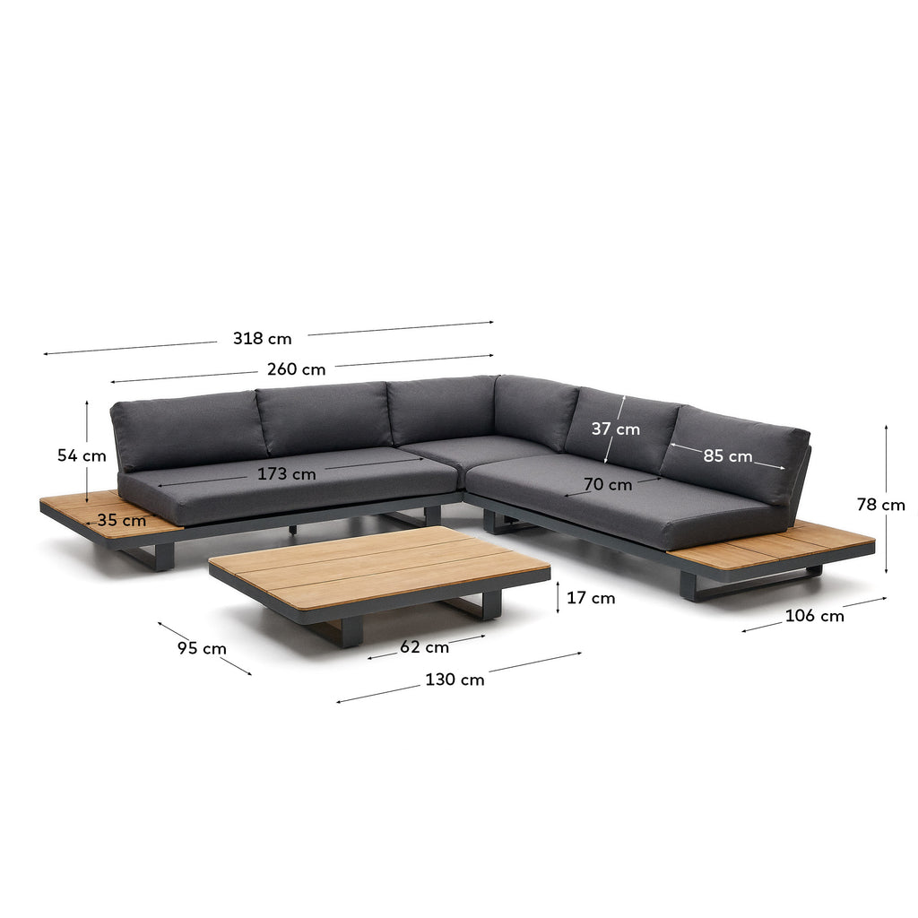 Tosqueta 5-seater corner sofa and table set made from aluminium and solid teak wood FSC 100%