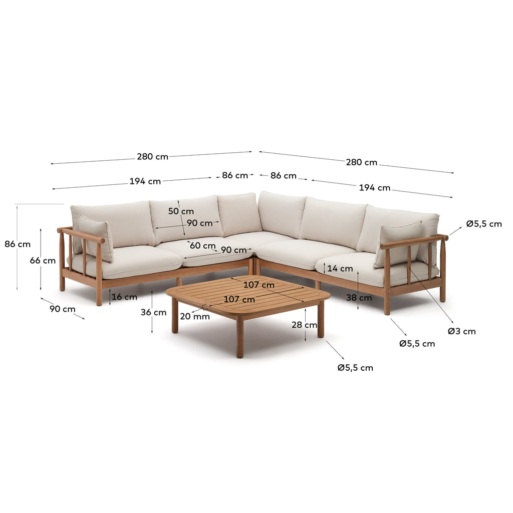 Sacova set, 5 seater corner sofa and coffee table made from solid eucalyptus wood