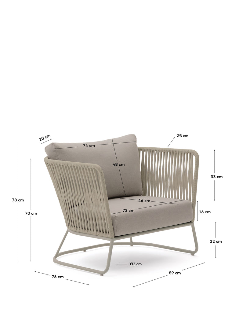Saconca outdoor armchair in rope cord and beige galvanised steel