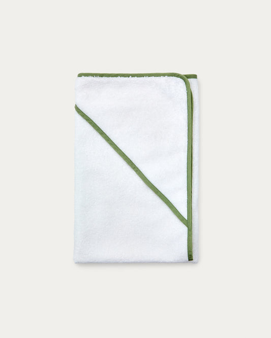 White cotton Nuni hooded towel with a green trim