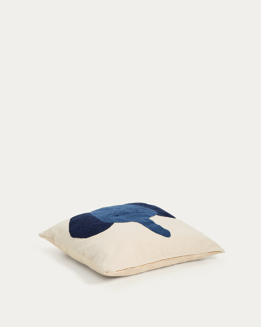 Tandani beige cotton floor cushion with blue elephant 70 x 70cm