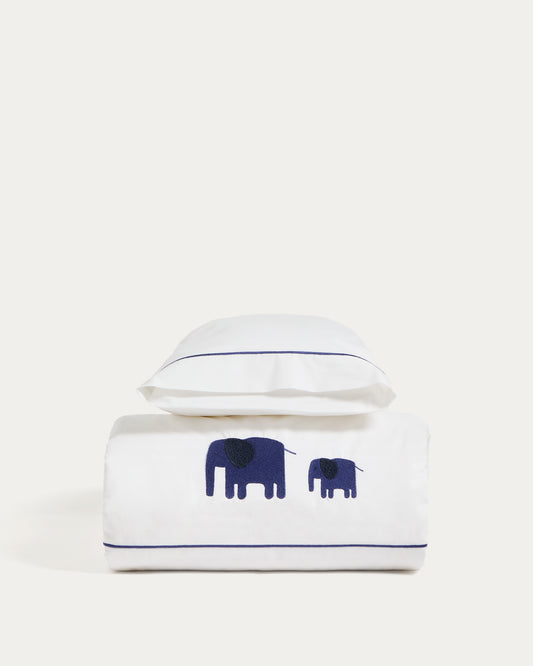 Tandari duvet cover and pillowcase set in beige cotton percale with embroidered elephant for convertible cot