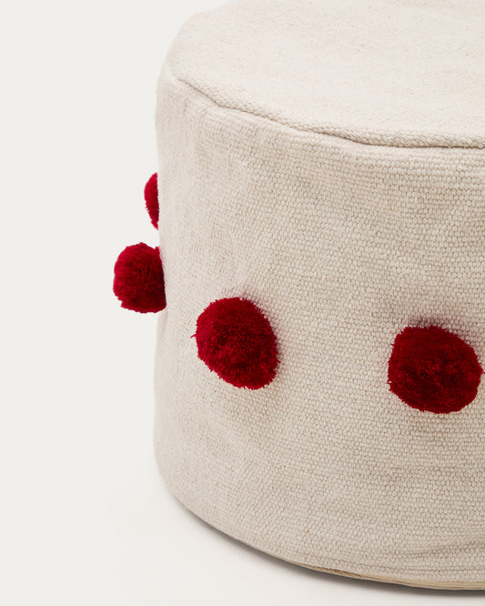 Manua beige, cotton pouffe with red tassels, Ø 40 cm