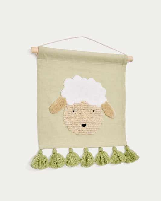 Milu wall tapestry in green cotton with a sheep and green tassels
