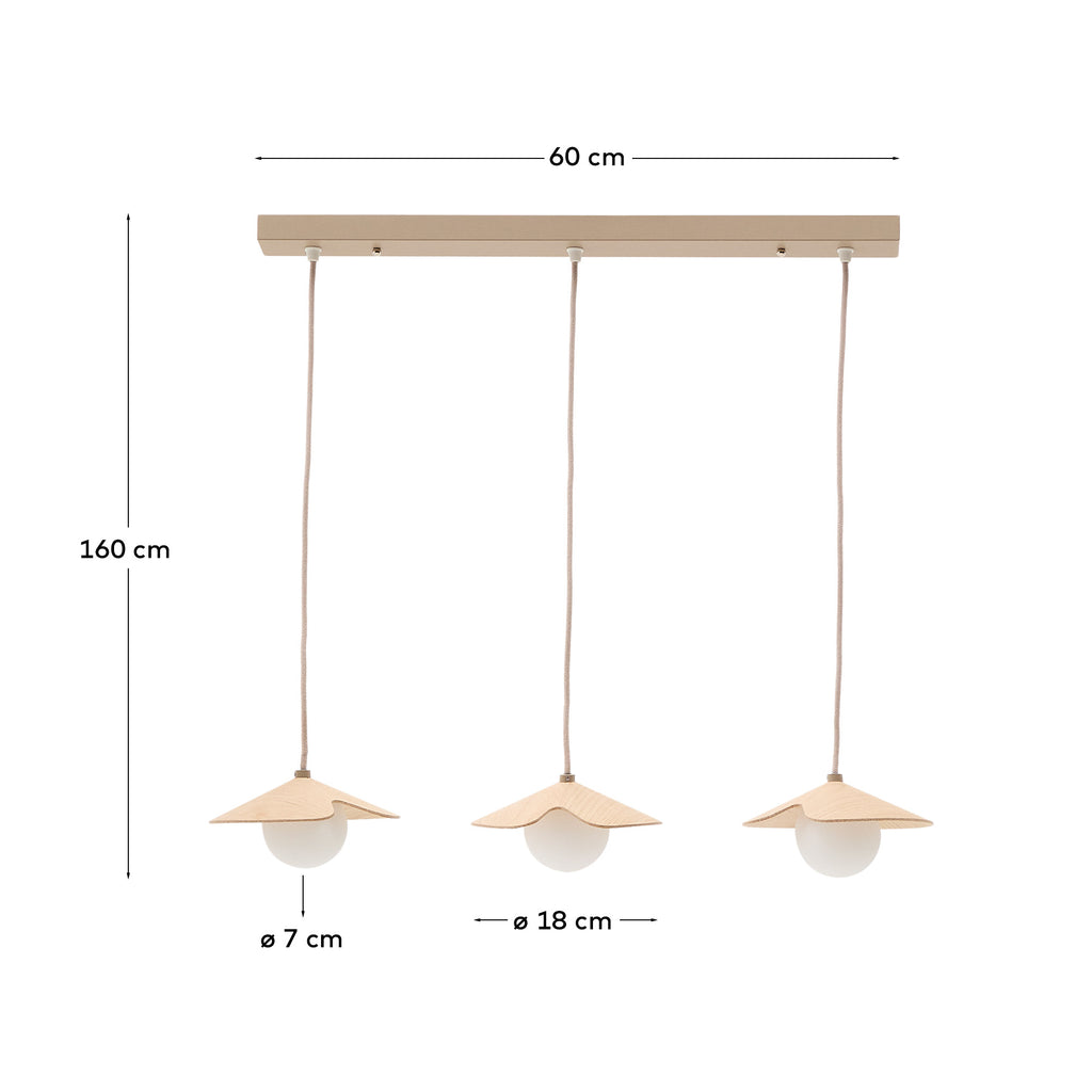 Wilara oak veneer ceiling lamp with 3 white smoked glass balls