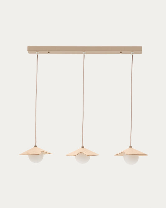 Wilara oak veneer ceiling lamp with 3 white smoked glass balls