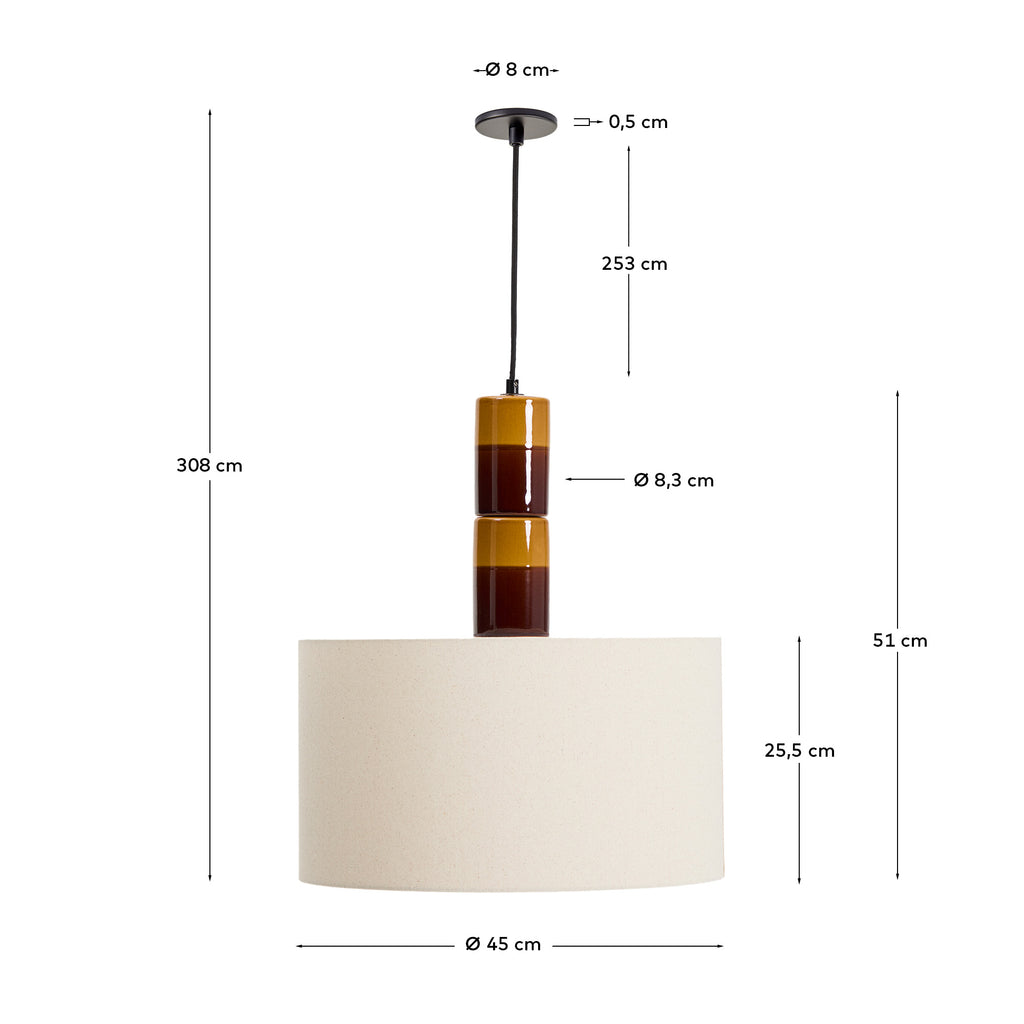 Mavran ceiling lamp in brown and mustard ceramic with cotton lampshade