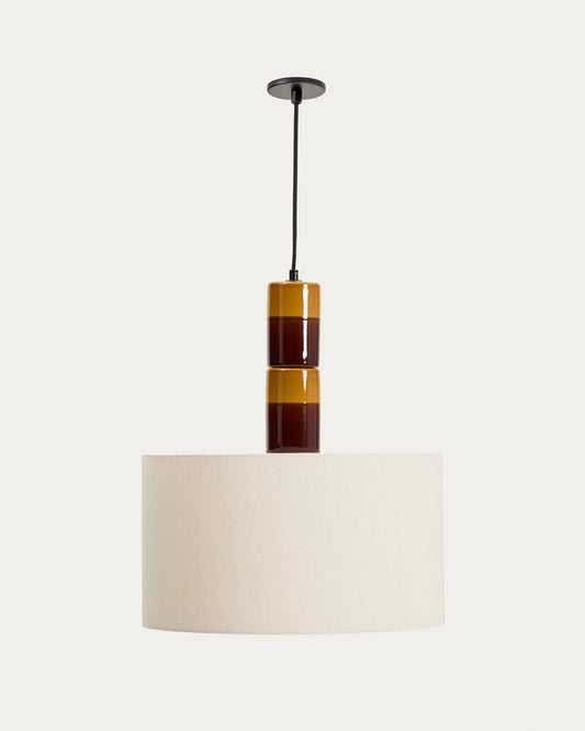 Mavran ceiling lamp in brown and mustard ceramic with cotton lampshade