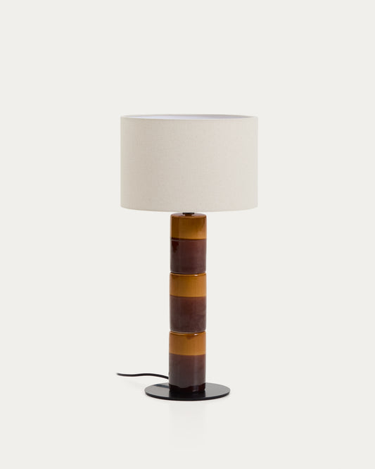 Mavran table lamp with brown and mustard ceramic base and cotton lampshade