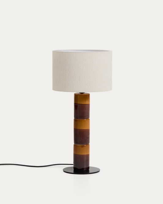 Mavran table lamp with brown and mustard ceramic base and cotton lampshade