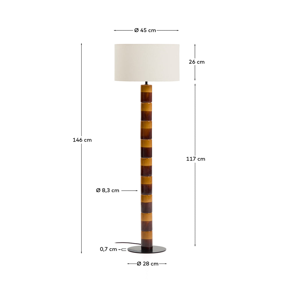 Mavran floor lamp with brown and mustard ceramic base and cotton lampshade