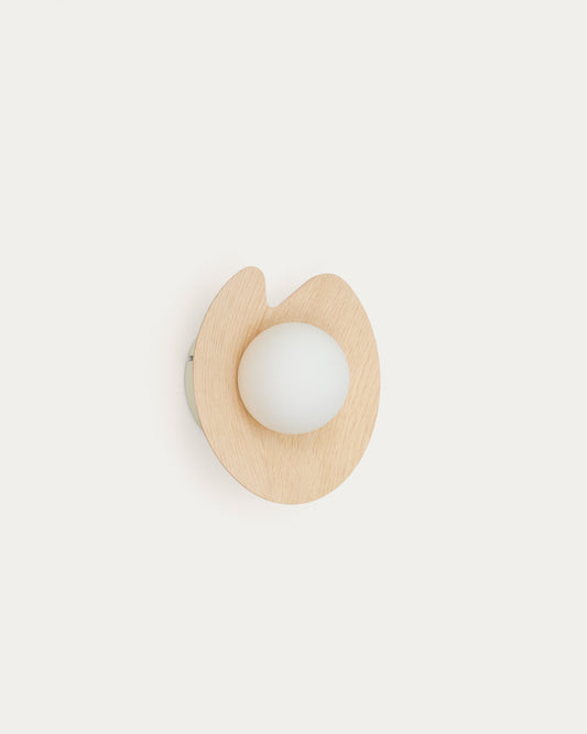 Wilara oak veneer wall-mounted light fixture with 1 smoked glass ball