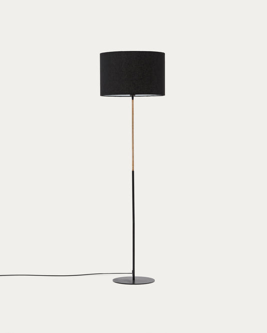Canar metal and rattan floor lamp made with a black cotton lamp shade