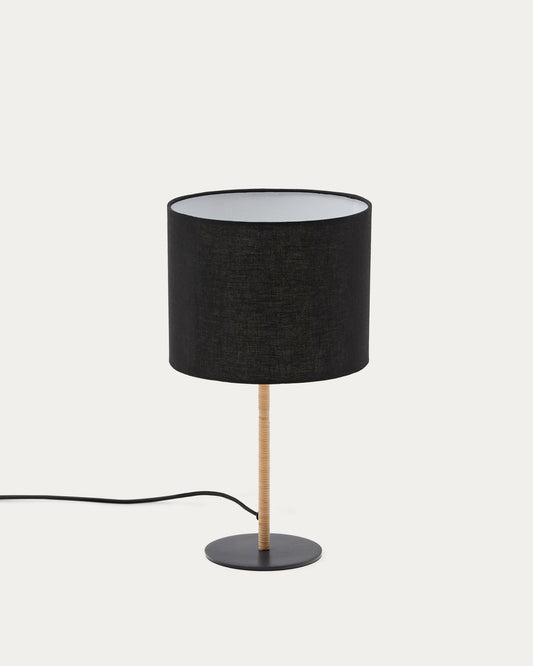 Pina metal and rattan table lamp with a black cotton lamp shade