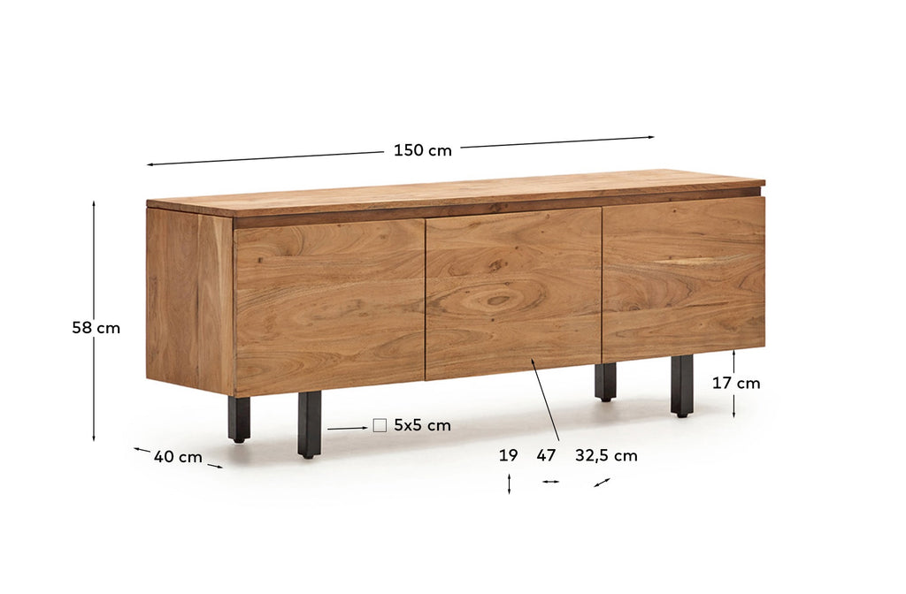 Uxue 3-door TV stand in solid acacia wood with bleached finish 150 x 58cm