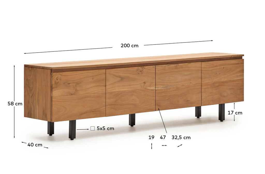 Uxue 3-door TV stand in solid acacia wood with bleached finish 200 x 58cm