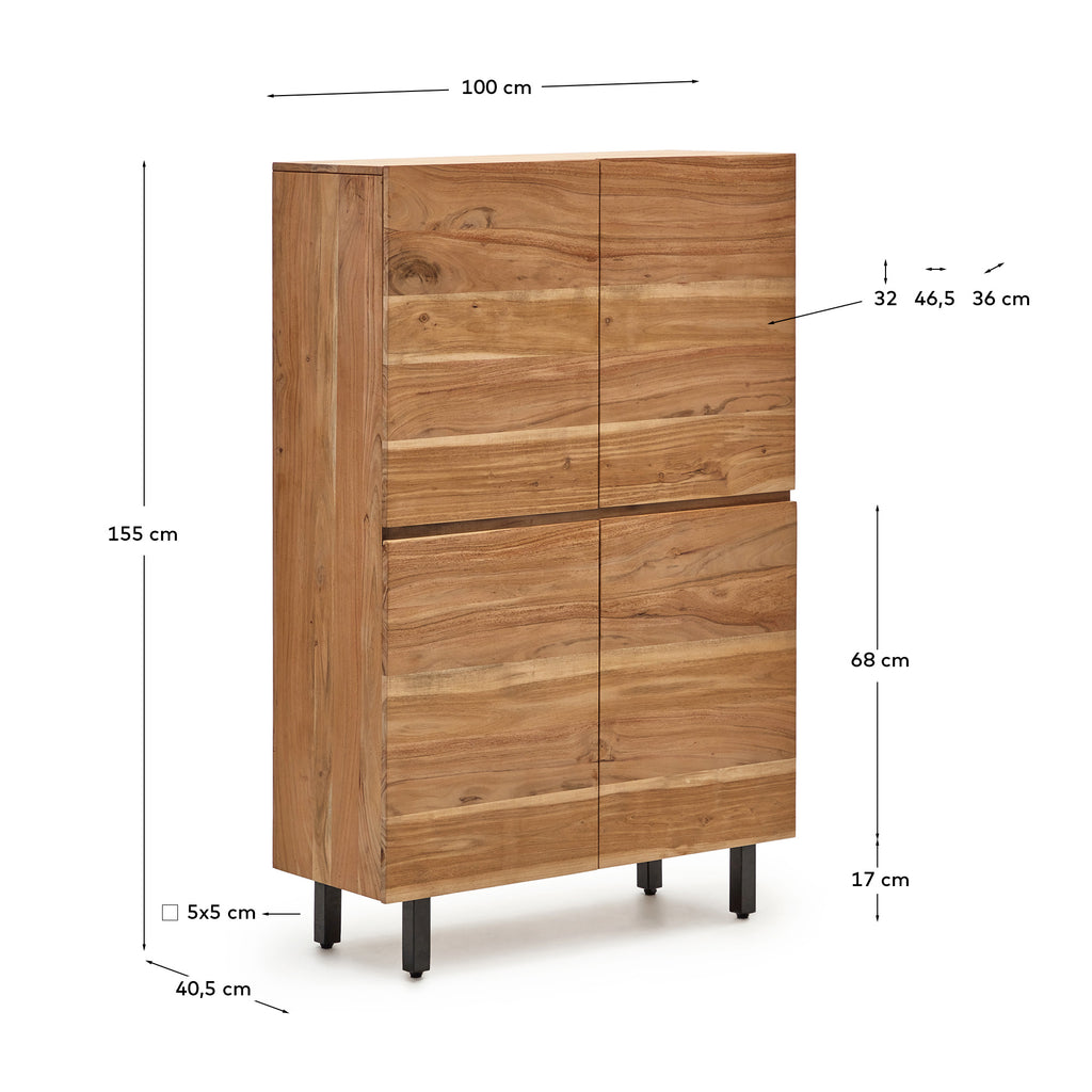 Uxue 4-door tall sideboard in solid acacia wood with bleached finish and black steel 100 x 155cm