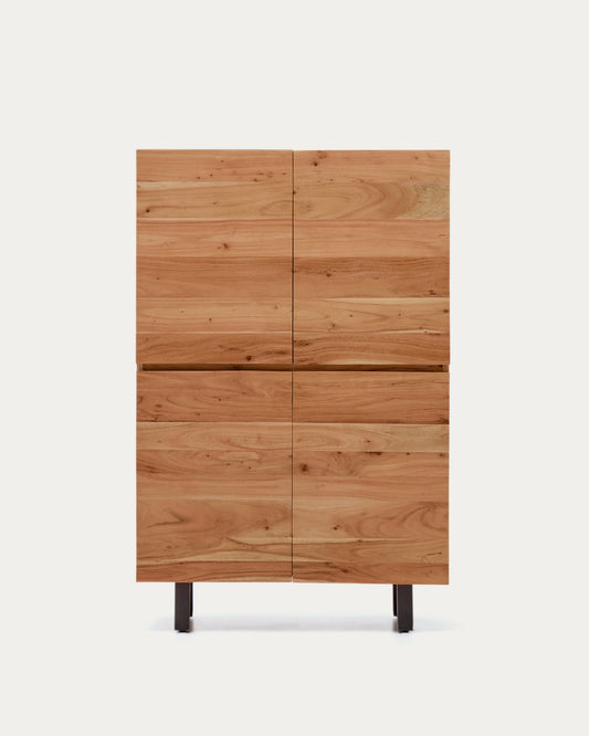Uxue 4-door tall sideboard in solid acacia wood with bleached finish and black steel 100 x 155cm