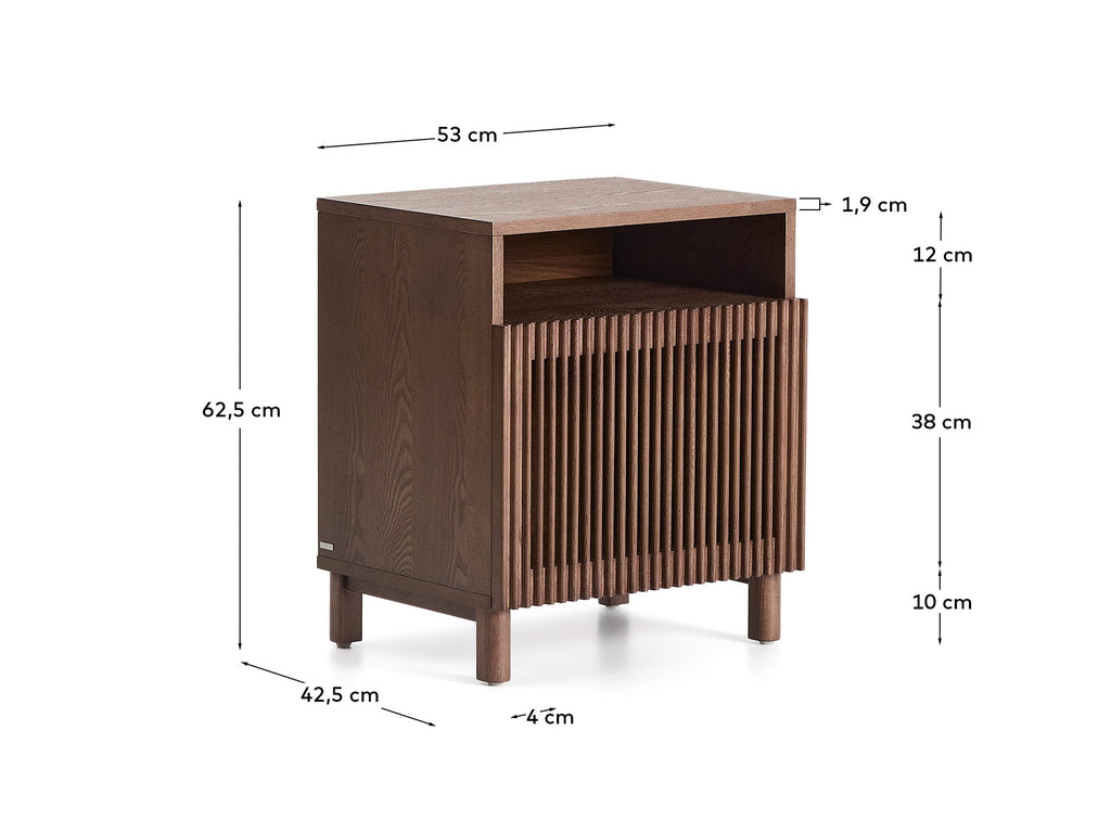 Beyla bedside table in ash veneer and solid ash wood with walnut finish 53 x 62.5cm FSC 100%