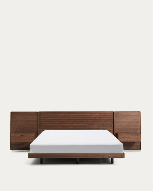 Norlen bed with 2 bedside tables in walnut veneer with dark finish and LED light for 180 x 200 cm mattress FSC Mix Credit