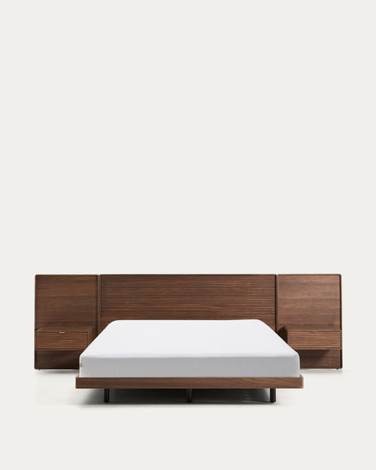 Norlen bed with 2 bedside tables in walnut veneer with dark finish and LED light for 160 x 200cm mattress FSC Mix Credit