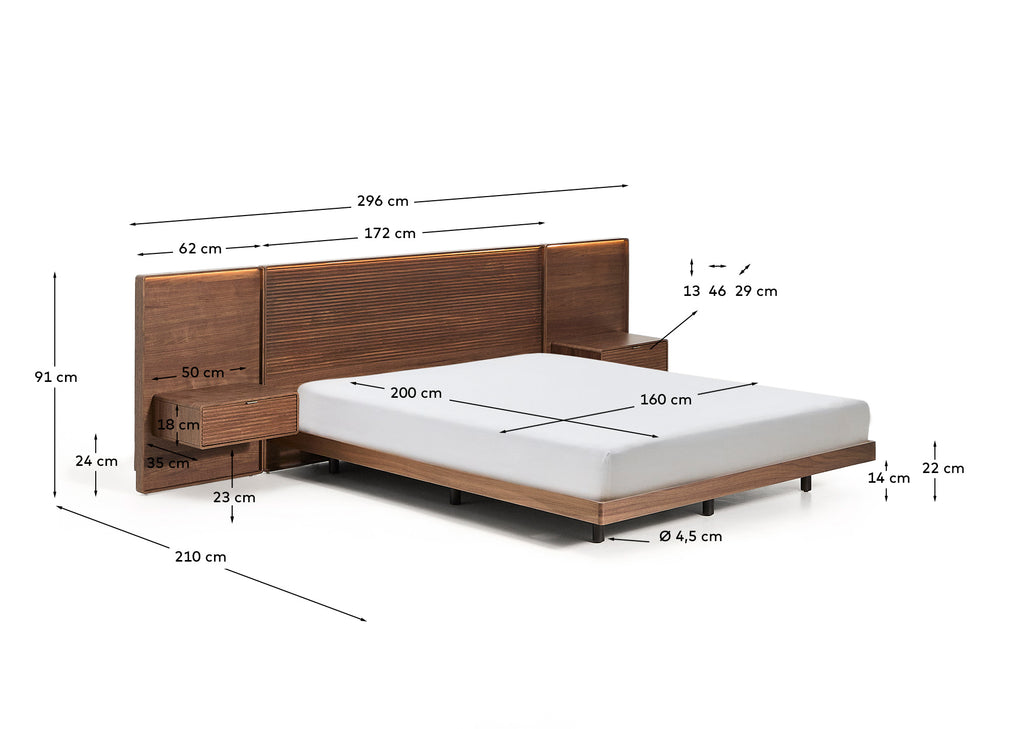 Norlen headboard with 2 bedside tables in walnut veneer with a dark finish and LED light for beds up to 160cm FSC Mix Credit