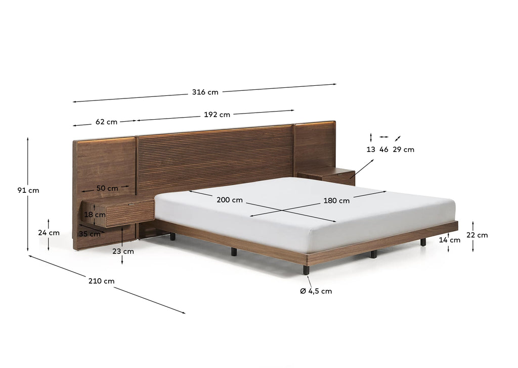 Norlen headboard with 2 bedside tables in walnut veneer with a dark finish and LED light for beds up to 180cm FSC Mix Credit