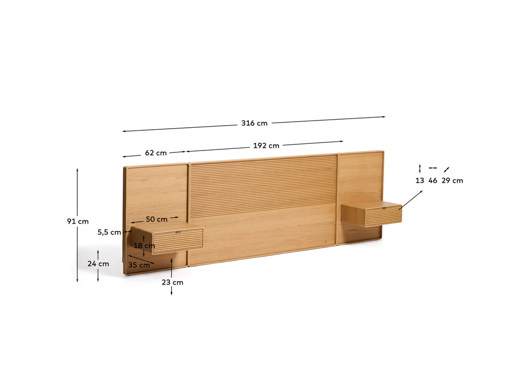 Norlen headboard with 2 bedside tables in oak veneer with natural finish and LED light for a bed up to 180 cm FSC Mix Credit