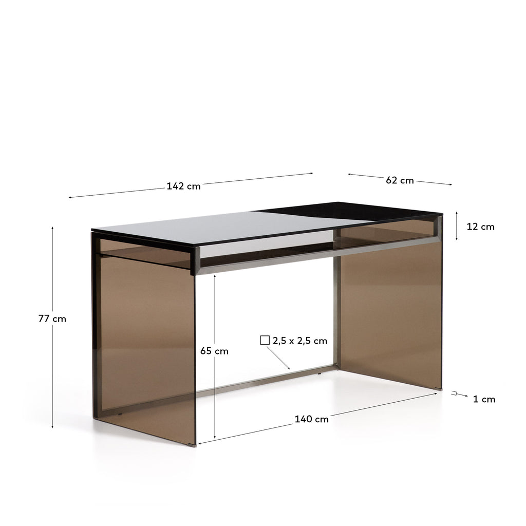 Adile desk in brown tempered glass and stainless steel 142 x 77cm