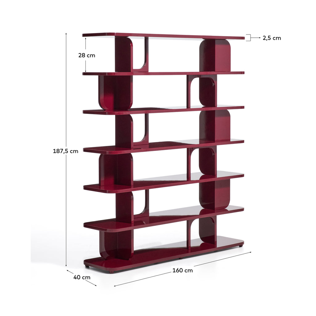 Aduma glossy maroon finish lacquered MDF shelving unit FSC 100% 160 x 187 cm