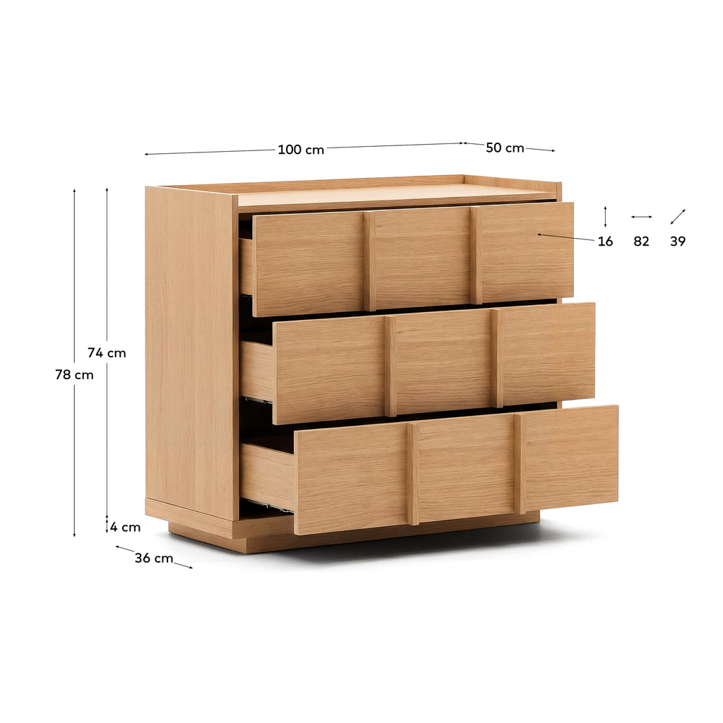 Onix chest of drawers with 3 drawers, oak veneer, natural tone finish, 100 x 78 cm FSC Mix Credit