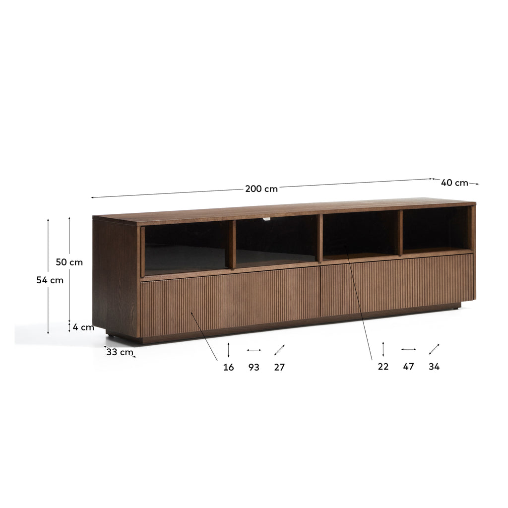 Helvine 4-drawer TV stand in ash veneer with walnut finish and tempered glass 200 x 54cm FSC 100%