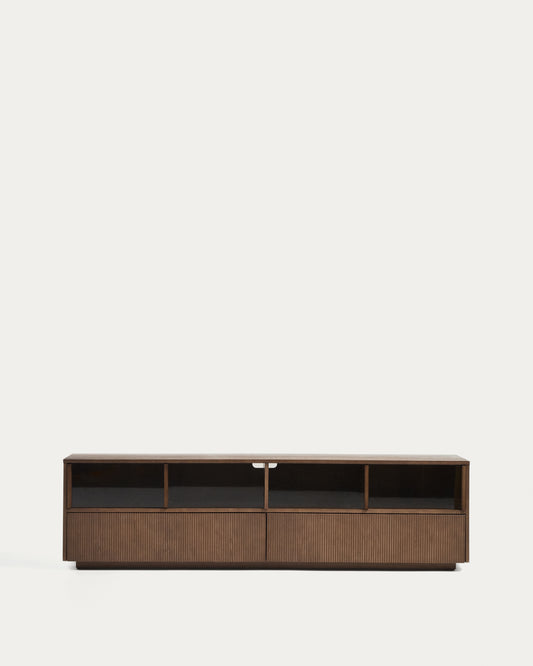 Helvine TV stand with 4 doors and 2 drawers in ash veneer with walnut finish and tempered glass, 200 x 54 cm, FSC 100%