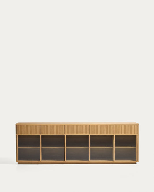 Helvine 5-door, 5-drawer sideboard in oak veneer and tempered glass 242x80cm FSC 100%